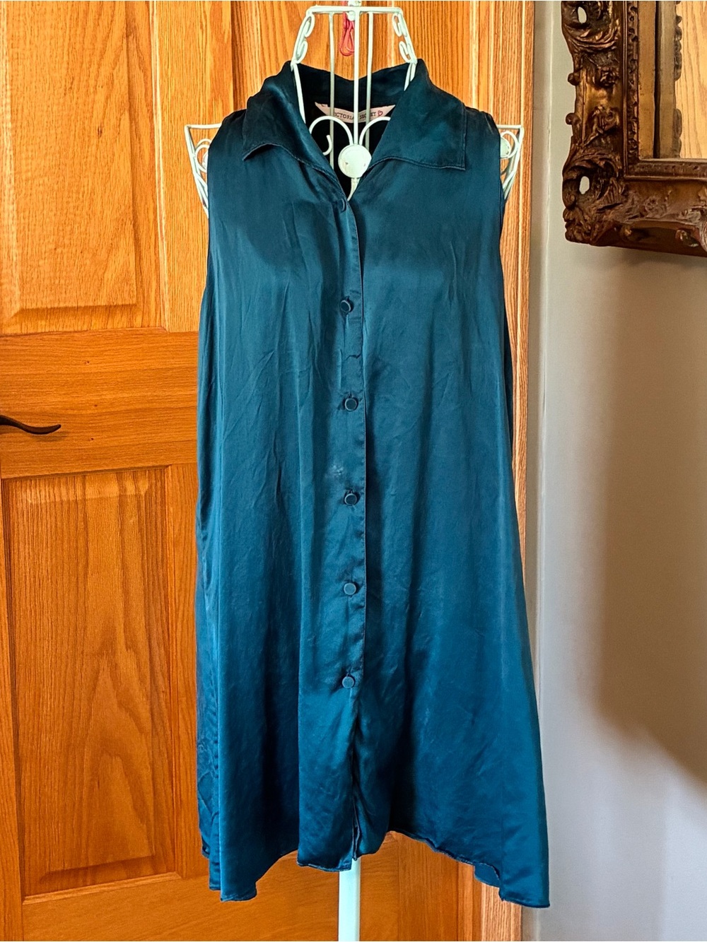 Vintage 90s Victoria's Secret Blue Silk Button Up Collared Mini Dress Medium